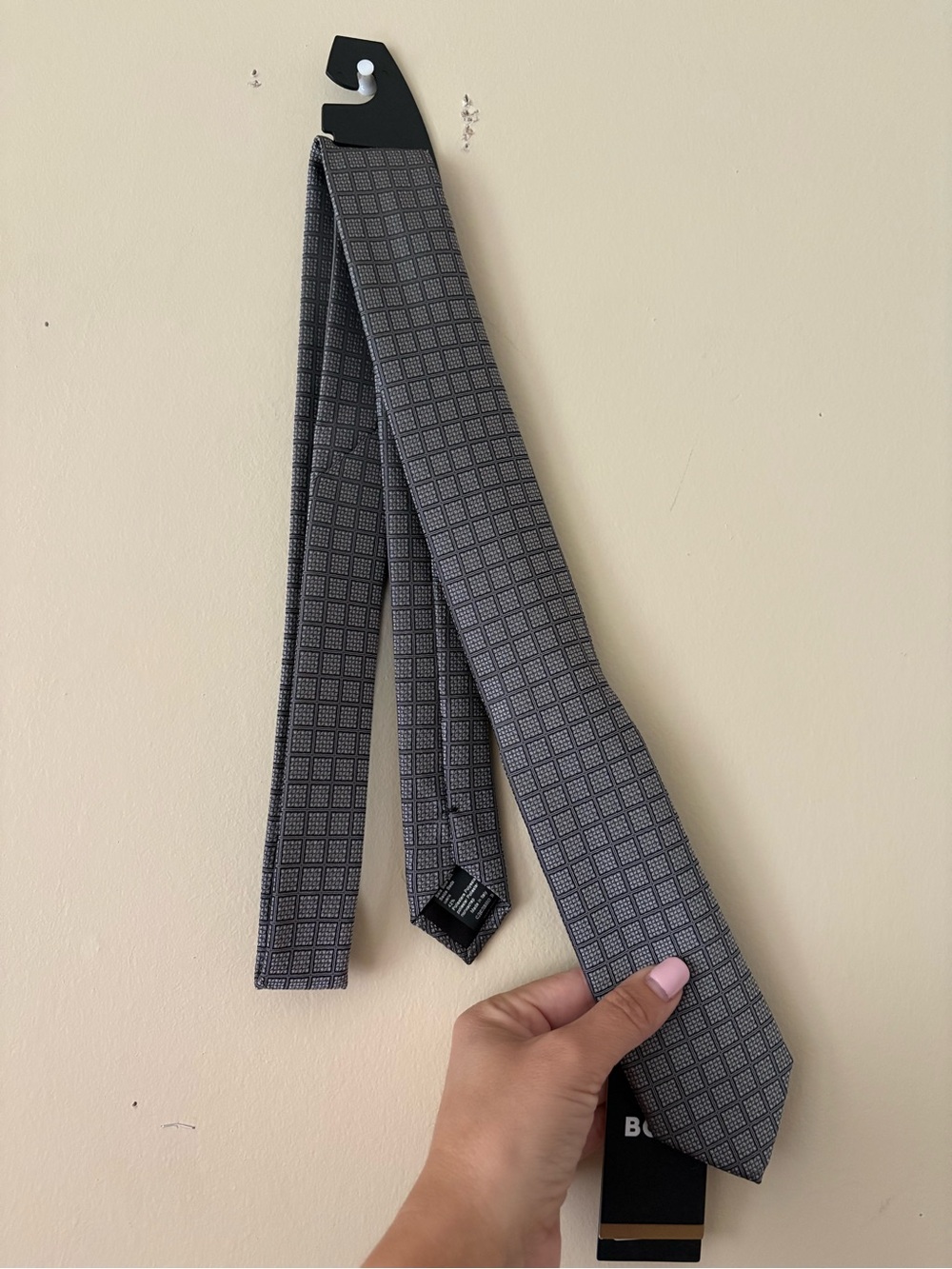 Hugo Boss Gray Grid-Check Silk Tie